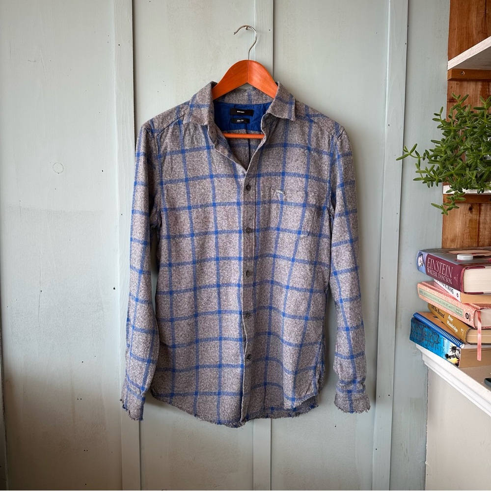 Diesel Gray Plaid Button-Down Shirt with Blue Windowpane